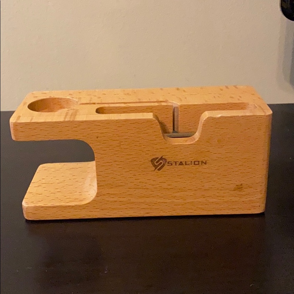 Bamboo iPhone and Apple Watch charging stand.